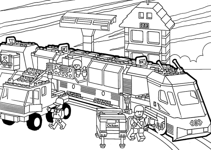 unloading train lego coloring book to print