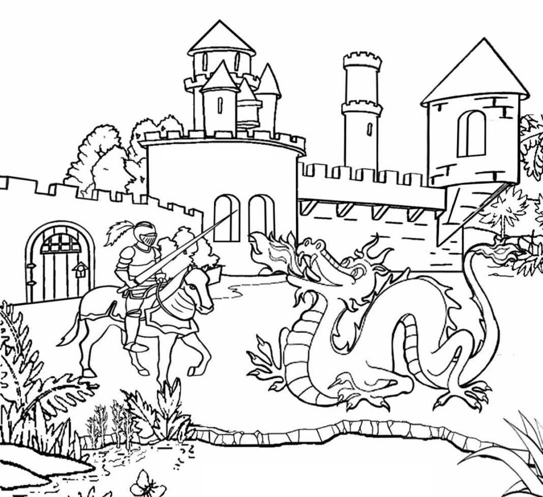 chevalier et dragon devant le château livre de coloriage à imprimer