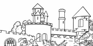 cavaleiro e dragão em frente ao livro de colorir do castelo para imprimir