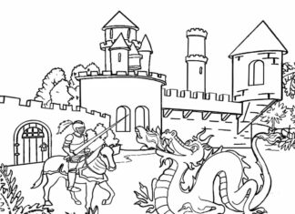 knight and dragon in front of the castle coloring book to print