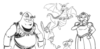 Shrek, oslík, fiona, mačka a drak - omaľovánky na vytlačenie