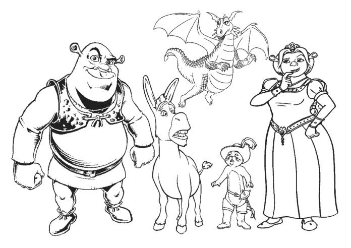Shrek, osel, fiona, kočka a drak omalovánky k vytisknutí