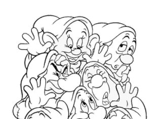 seven dwarfs with Snow White coloring page printable