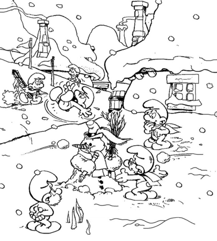šmoulí zimní vesnice omalovánky k vytisknutí