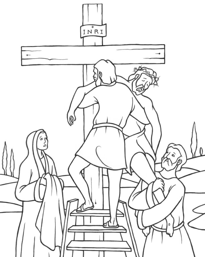 station 13 jésus descendu de la croix feuille à colorier imprimable