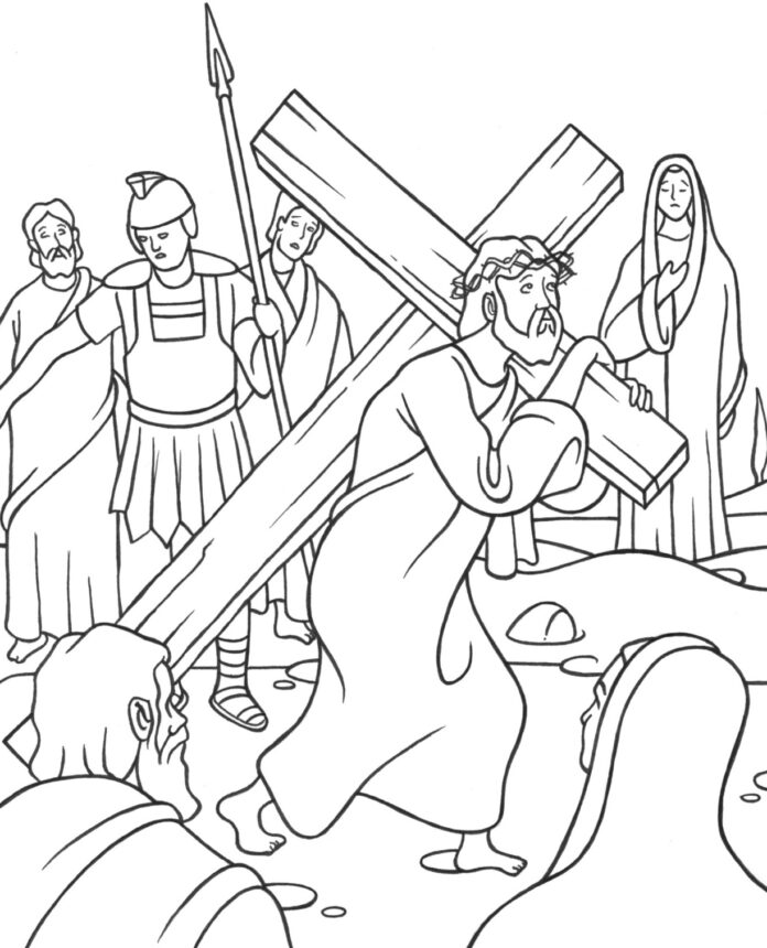station 2 jesus nimmt das kreuz auf seine schultern bedruckbares ausmalblatt