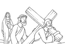 station 5 shimon af cyrene hjælper herre jesus med at bære korset, som kan udskrives som malebog