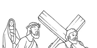stanice 5 Šimon z Kyrény pomáhá Pánu Ježíši nést kříž omalovánky k vytisknutí