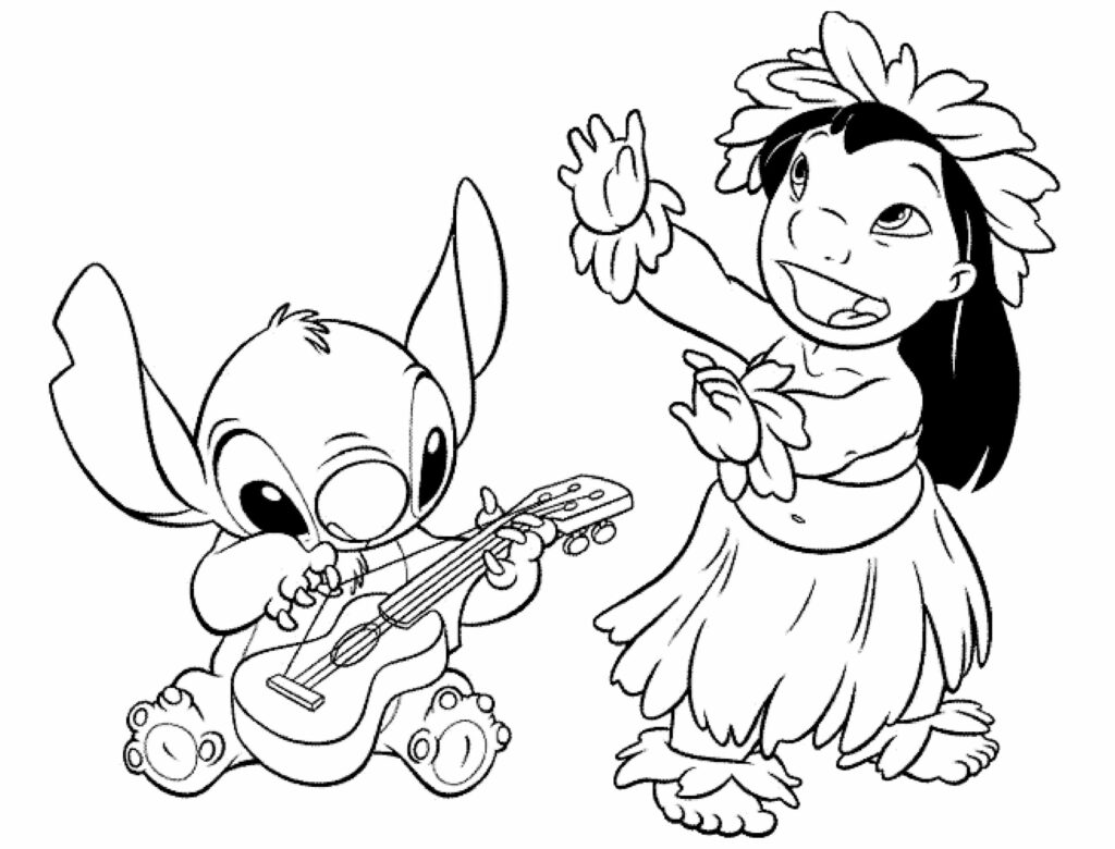 Stitch plays guitar and Lilo dances coloring book to print and online