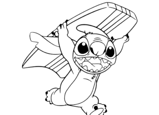 stitch with a board on the beach coloring book to print