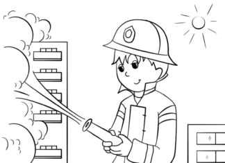 Feuerwehrmann löscht ein Feuer Malbuch zum Ausdrucken