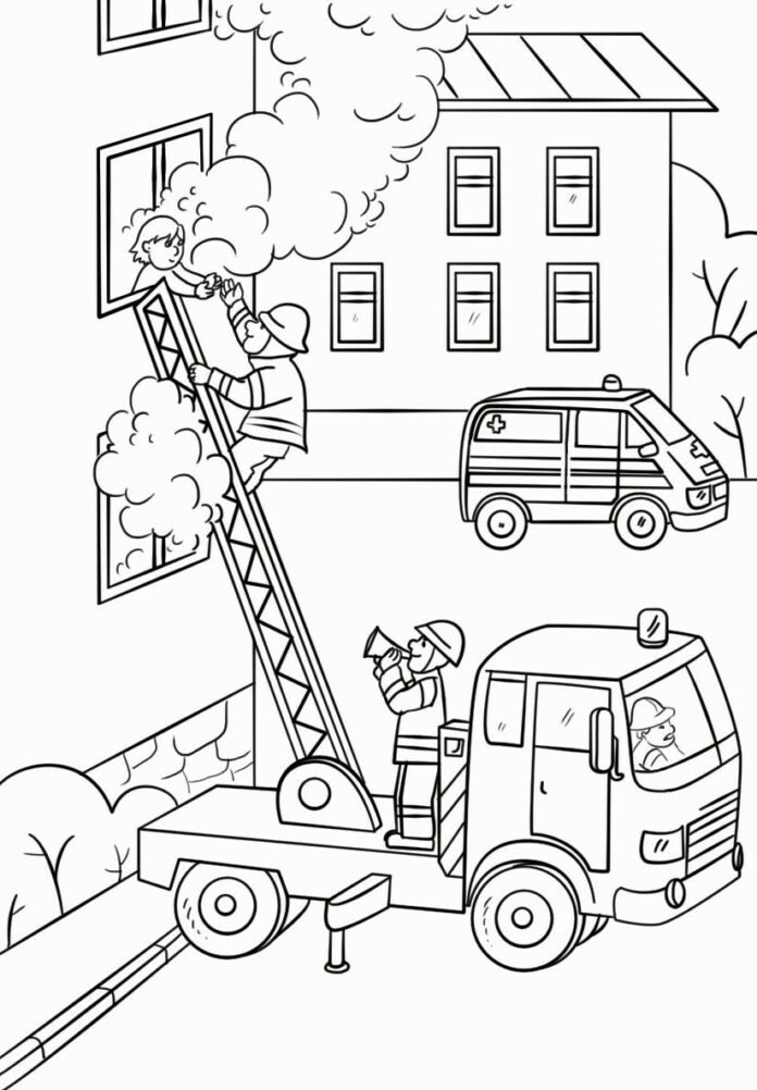 livre à colorier "pompier aide" à imprimer