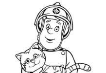 Feuerwehrmann Sam mit einer Katze Malbuch zum Ausdrucken