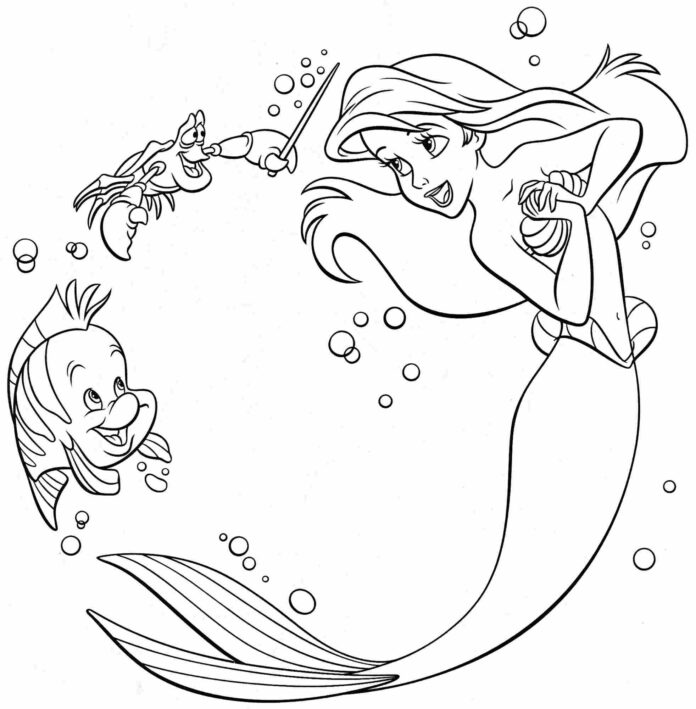 sjöjungfrun ariel och fisken färgläggningsbok att skriva ut