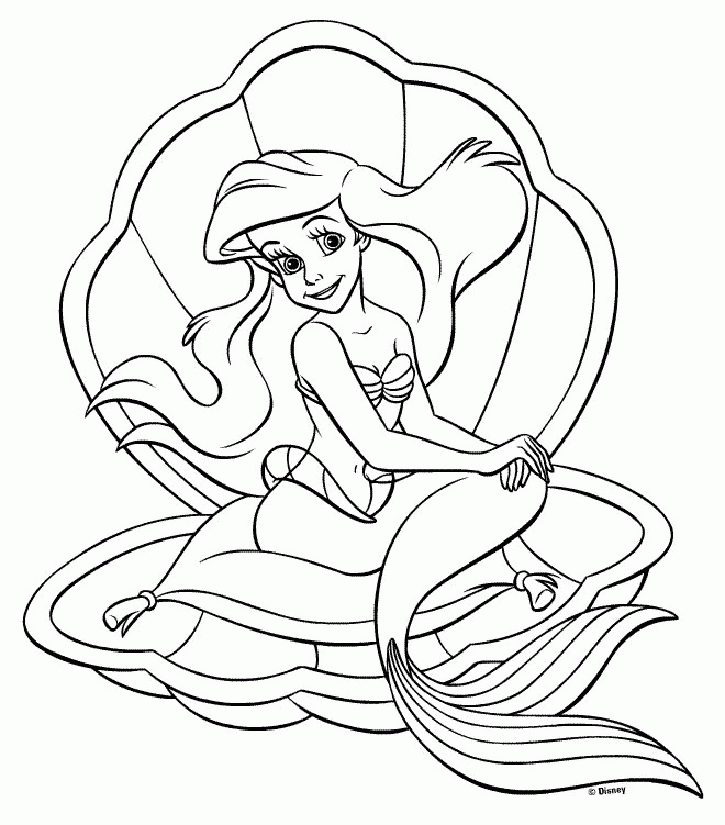 Ariel die Meerjungfrau in einer Muschel Malbuch zum Ausdrucken