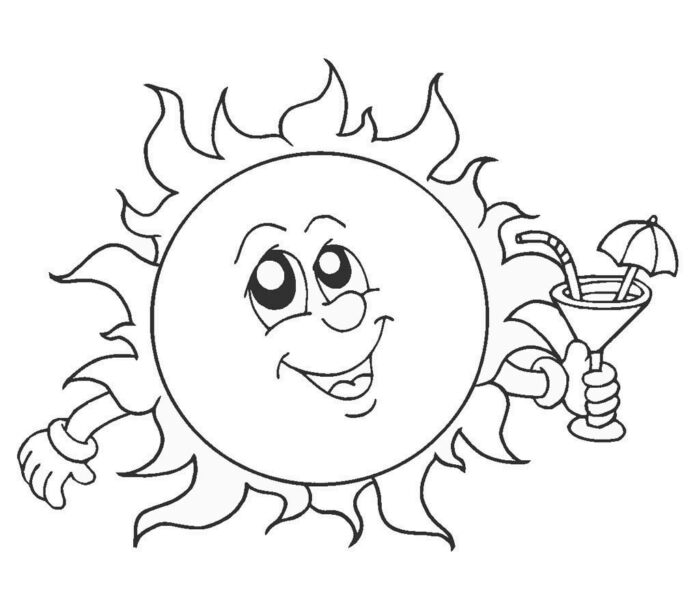 Sonne mit einem Getränk Malbuch zum Ausdrucken