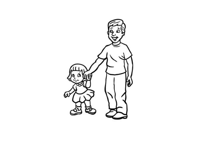 pappa och dotter på en promenad färgbok att skriva ut