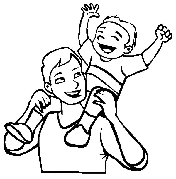 tatínek nese syna na ramenou omalovánky k vytisknutí