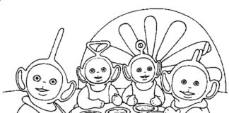 Teletubbies am Tisch Malbuch zum Ausdrucken