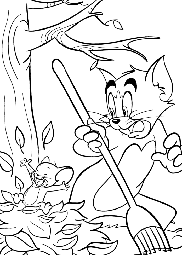 Libro para colorear Tom y Jerry rastrillo de hojas para imprimir y en línea