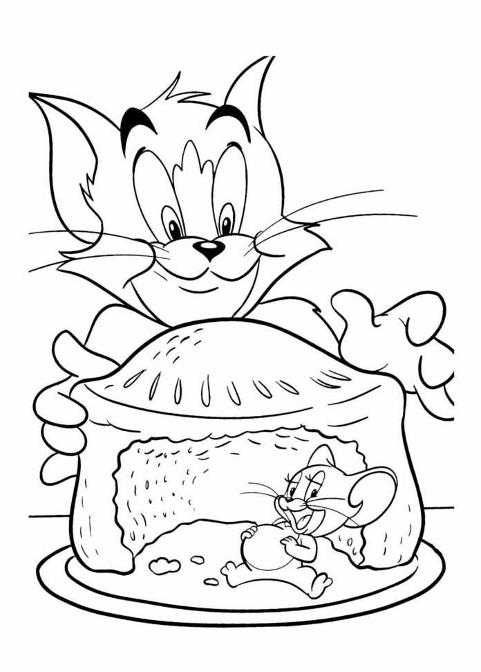 Tom och Jerry äter tårta färgläggningsbok att skriva ut