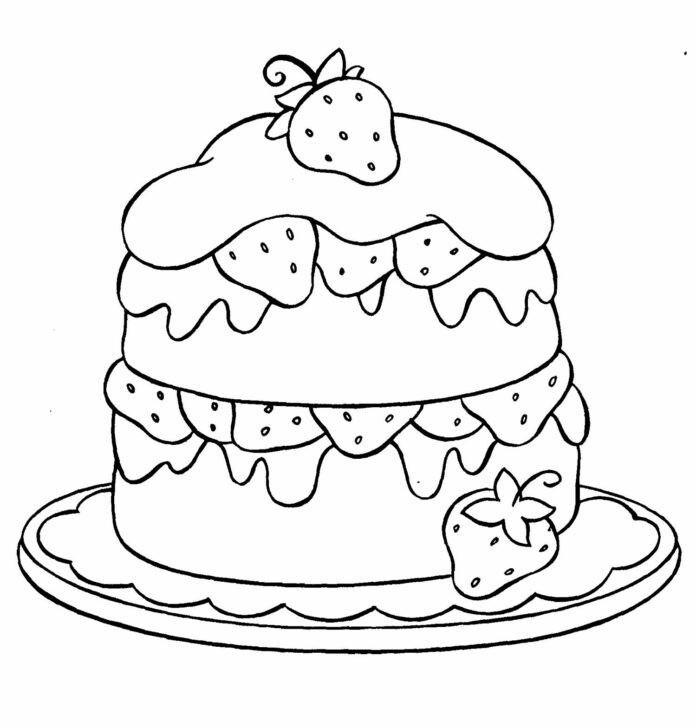 cake with strawberries coloring book to print
