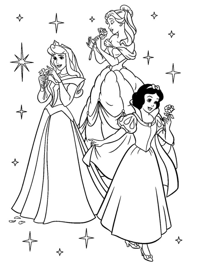 tre prinsessor som kan skrivas ut och färgläggas