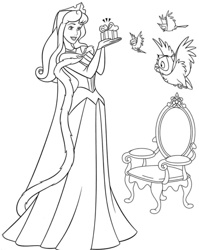 Sleeping Beauty and the Birds coloring book to print