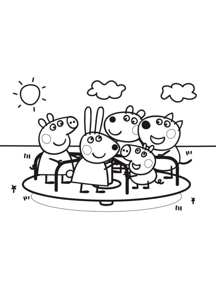 peppa pig and her friends on a merry-go-round colouring sheet printable (en anglais)
