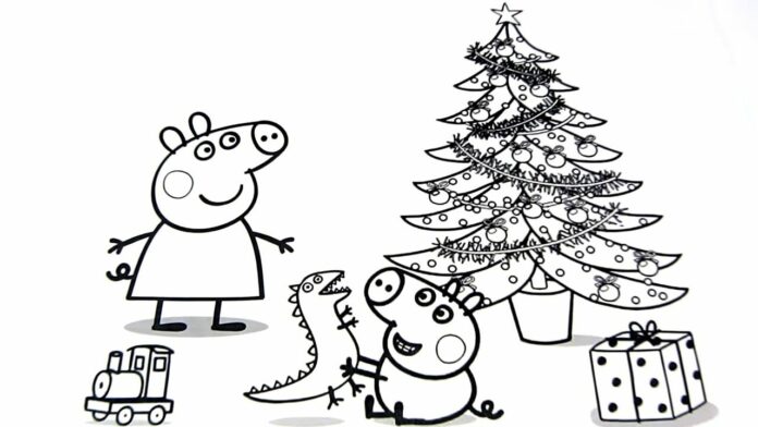 peppa pig pynter et juletræ malebog til udskrivning