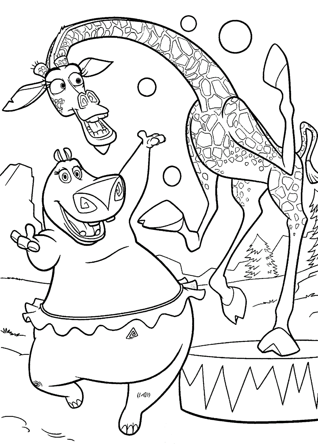 żyrafa i hipopotam z magadaskar kolorowanka do drukowania