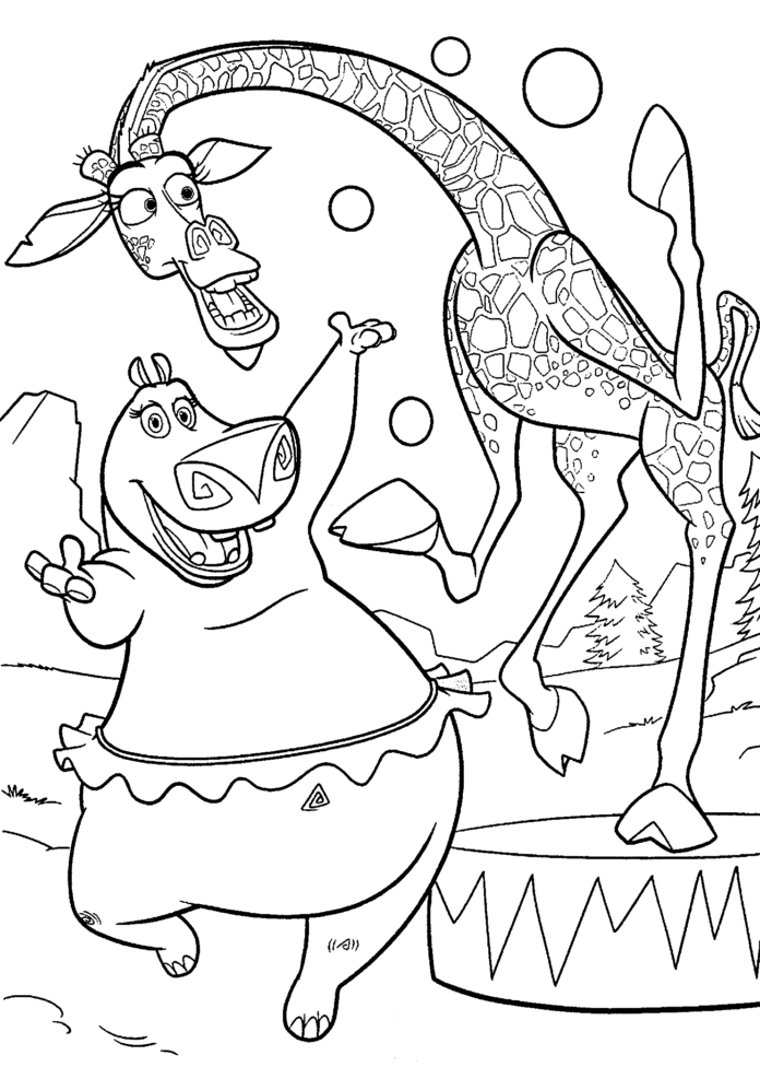 giraffe and hippo from magadaskar coloring book to print