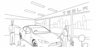 Familie kauft ein Tesla-Auto-Malbuch zum Ausdrucken