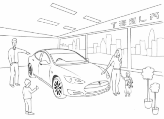 La famiglia compra un libro da colorare di auto Tesla da stampare