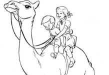 Lapset kamelin selässä tulostettava värityskirja