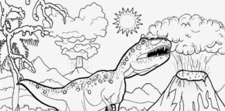 Dinosaurier und Vulkanausbruch Malbuch zum Ausdrucken