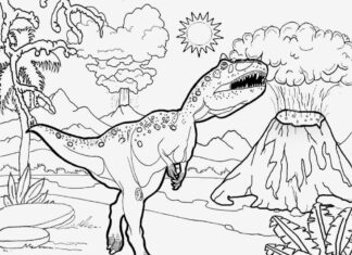 Dinosaurier und Vulkanausbruch Malbuch zum Ausdrucken
