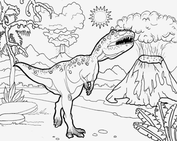 Dinosaurus a výbuch sopky - omalovánky k vytisknutí