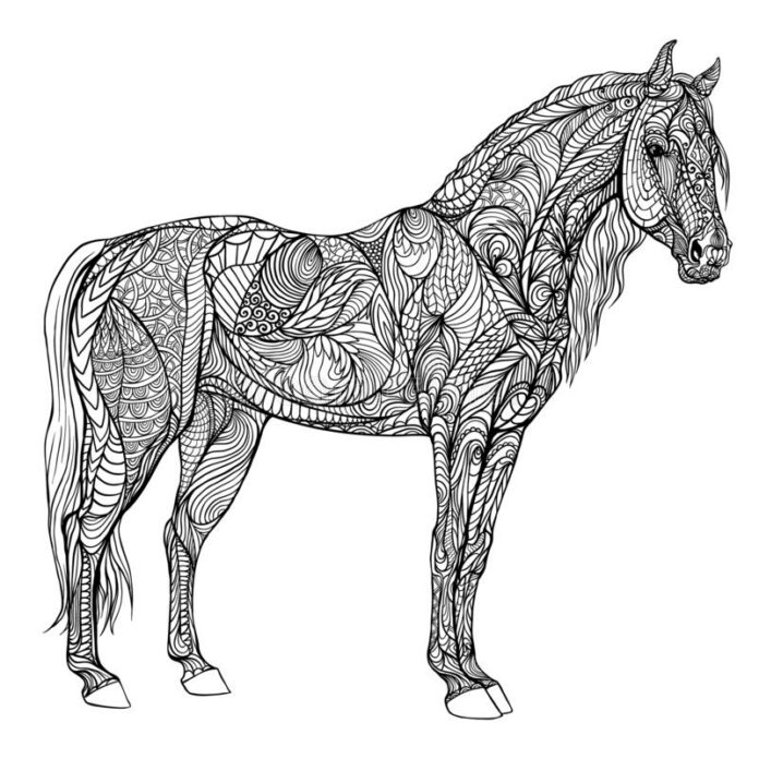 Zentangle kůň na závodech omalovánky k vytisknutí