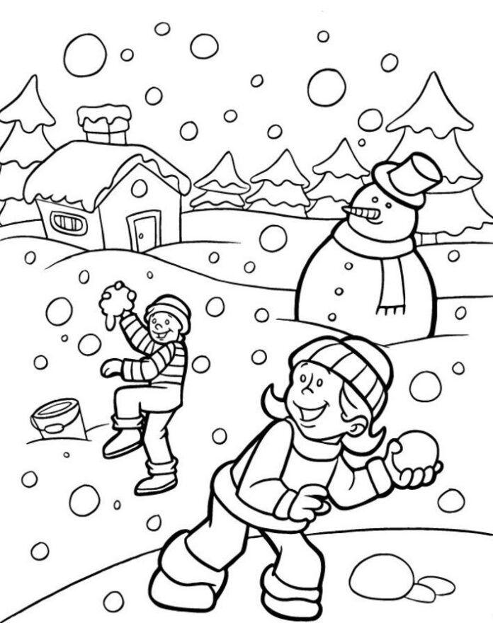 Libro da colorare battaglia a palle di neve da stampare