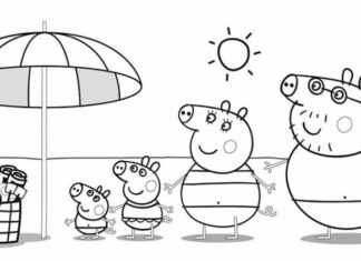 Peppa Pig with her family at the beach coloring book to print
