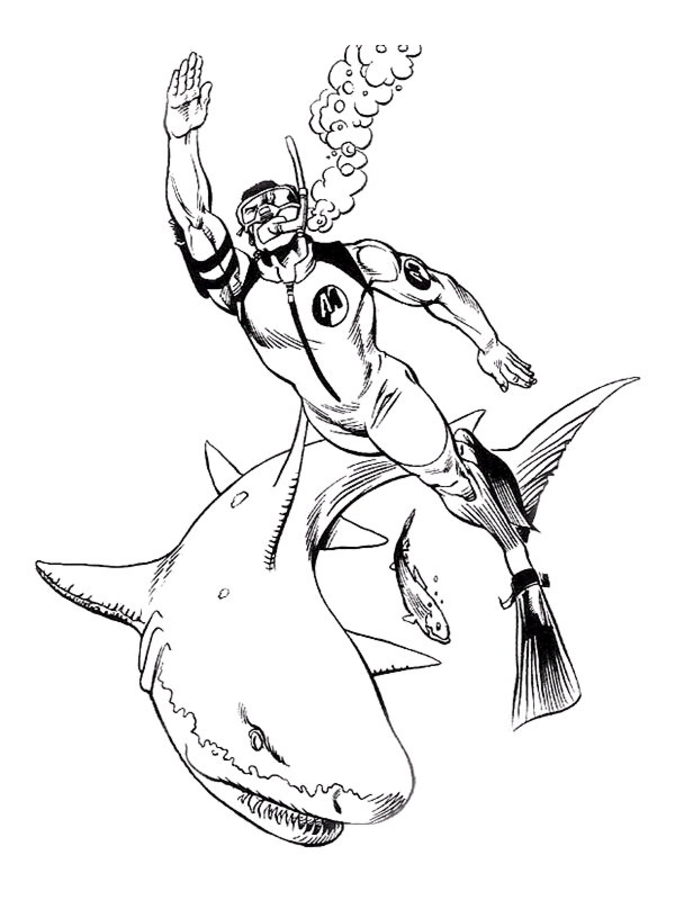 Libro da colorare uomo d'azione subacqueo con squalo