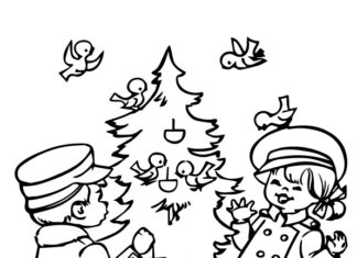 les enfants décorent un arbre de Noël, page à colorier