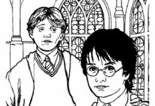 Harry con un amigo - libro para colorear Ronald Weasley del cuento Harry Potter para imprimir