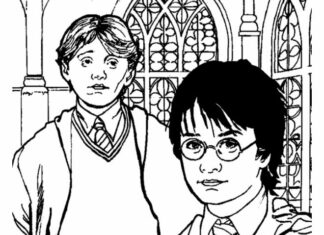 Harry with a friend - coloring book Ronald Weasley from the fairy tale harry potter to print