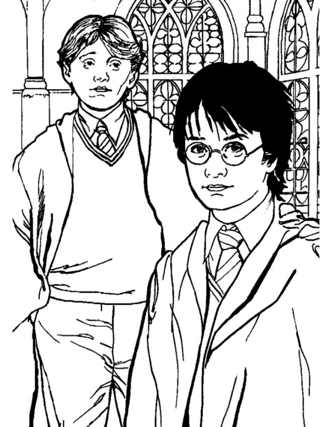 Harry con un amigo - libro para colorear Ronald Weasley del cuento Harry Potter para imprimir