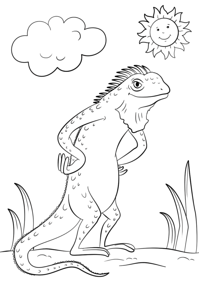 Painting and coloring book for kids to print with iguana reptile