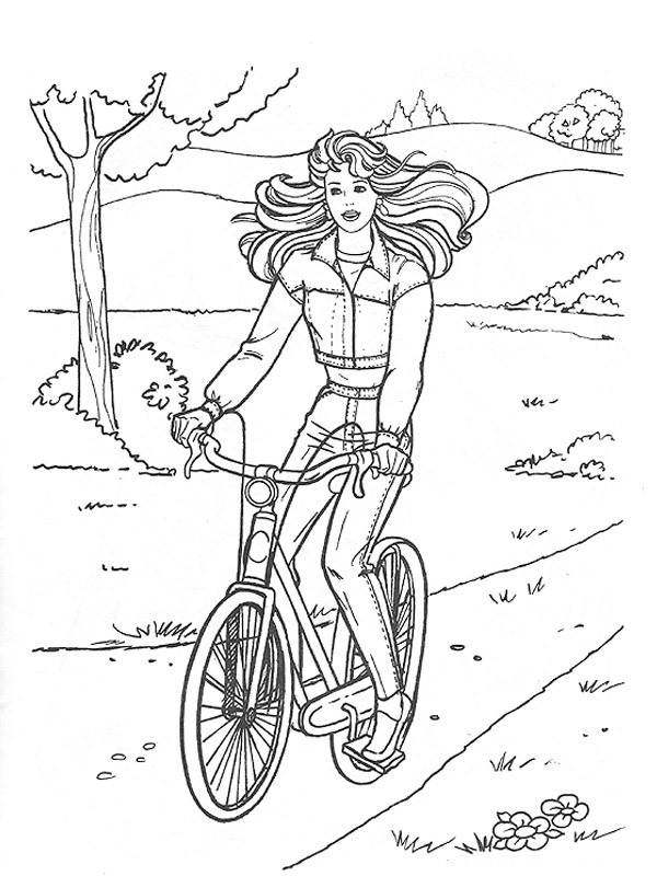 coloring page girl on cyclist printable for kids