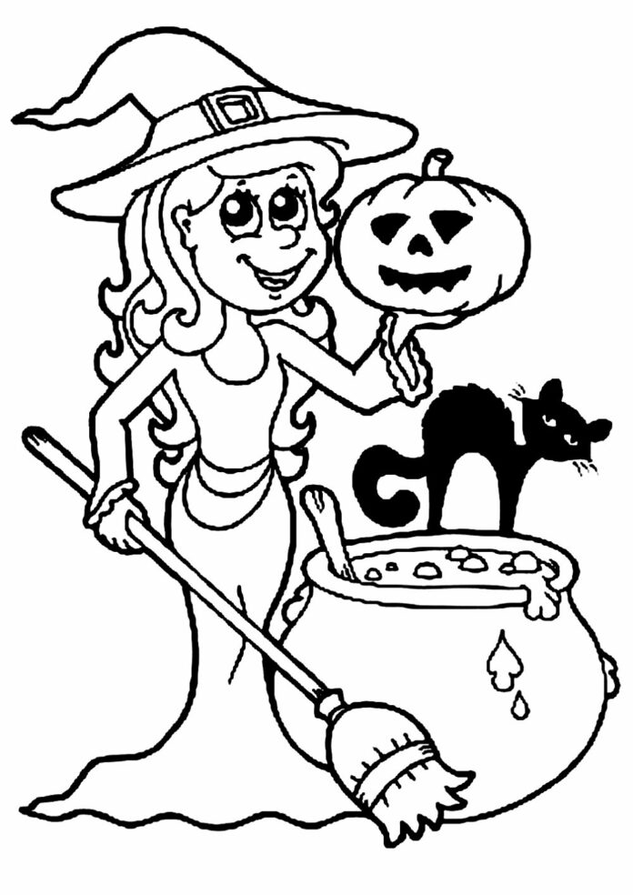 página para colorear niña disfrazada de halloween imprimible para niños