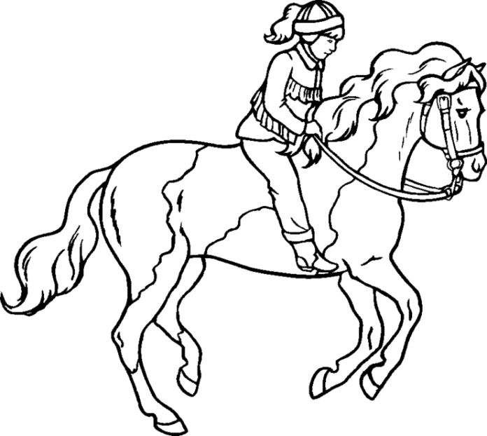 Farvelægningsbog med en jockey på en hest til børn, som kan udskrives